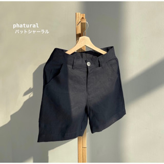 กางเกงขาสั้นผ้าลินิน - เอวกระดุมสีBlack