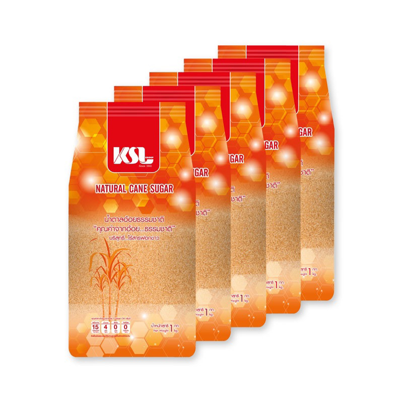 น้ำตาลอ้อยธรรมชาติ ตรา เคเอสแอล KSL NATURAL BROWN SUGAR น้ำหนักสุทธิ 1 กก. x 5 ถุง
