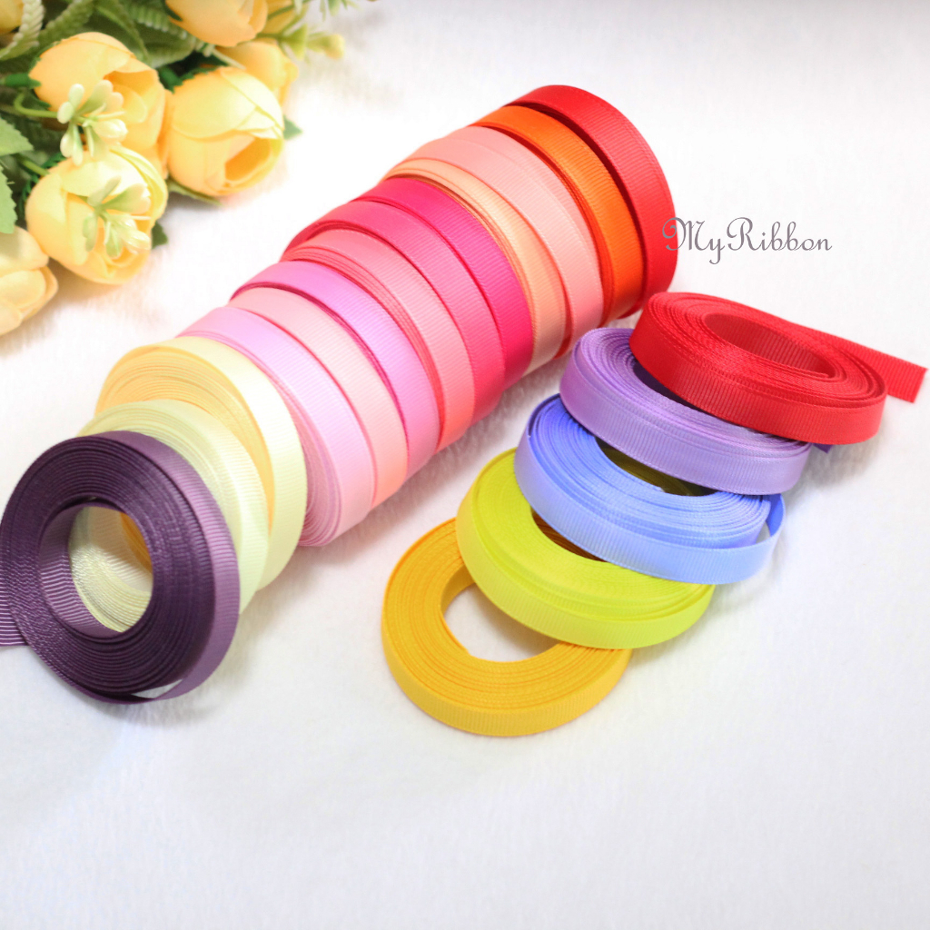 ริบบิ้นผ้ากรอสเกรน กว้าง 9mm ยาวม้วนละ 5 หลา มีให้เลือก 70 สี