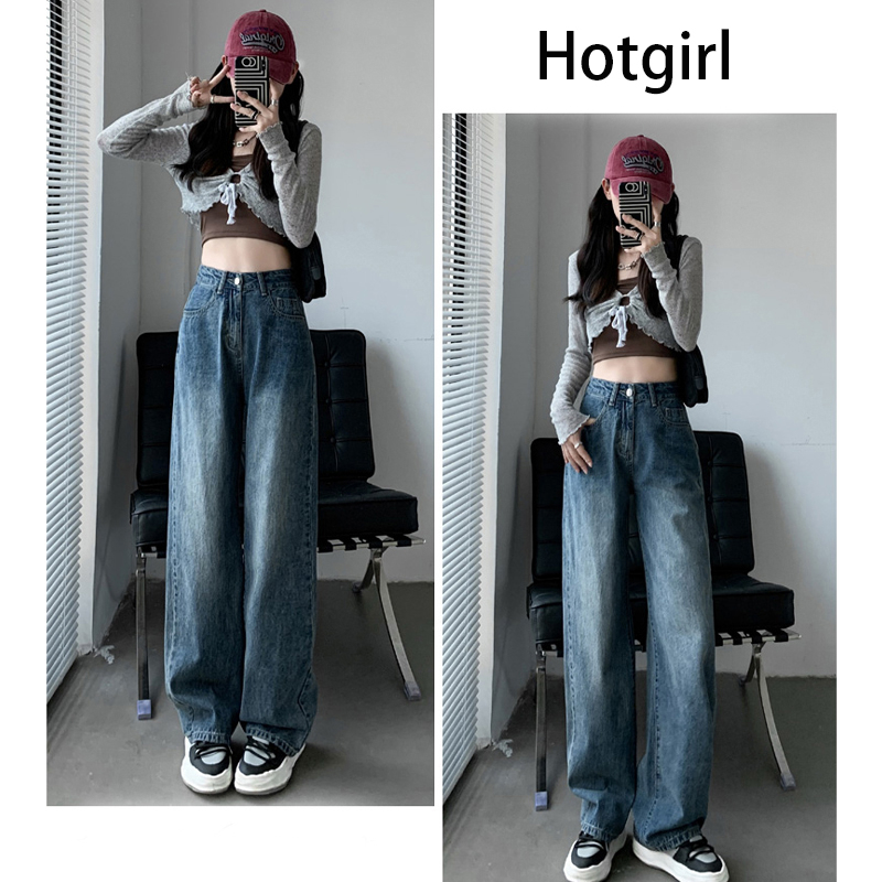 Hotgirl พร้อมส่งจากกทม กางเกงยีนกะบอก เสื้อผ้าy2k กางเกงขากว้างเอวสูงทรงตรงสีน้ำเงินย้อนยุคถูพื้น