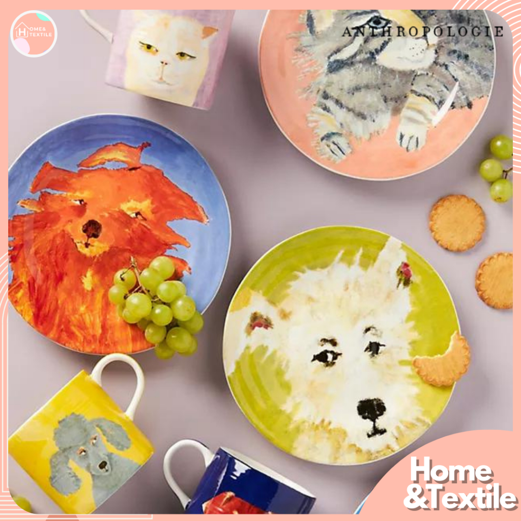 【พร้อมส่ง】จานเซรามิค  Anthropologie | Carole Akins Furry Friends Dessert Plate