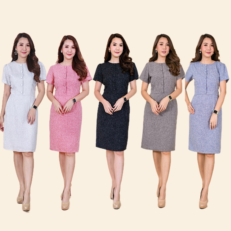 เดรสชุดทำงาน ผ้าชาแนล 6สี เหลือง เทา น้ำเงิน ดำ แดง ขาว
