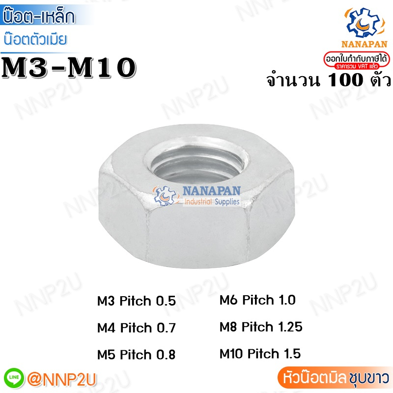 หัวน๊อตมิลขาว หัวน็อตเหลี่ยมขาว น๊อตตัวเมียขาว M3-M8