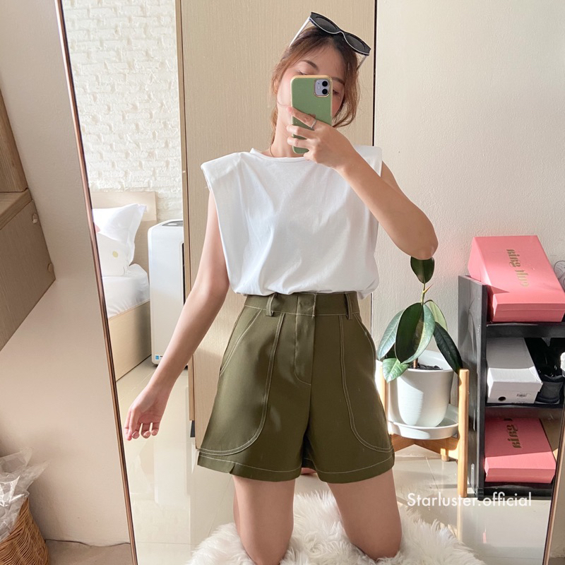 กางเกงขาสั้นเอวสูง แต่งด้ายสี 𝐋𝐞𝐧𝐚 𝐏𝐚𝐧𝐭𝐬 🧢DR-02 รุ่นกระเป๋าโค้ง