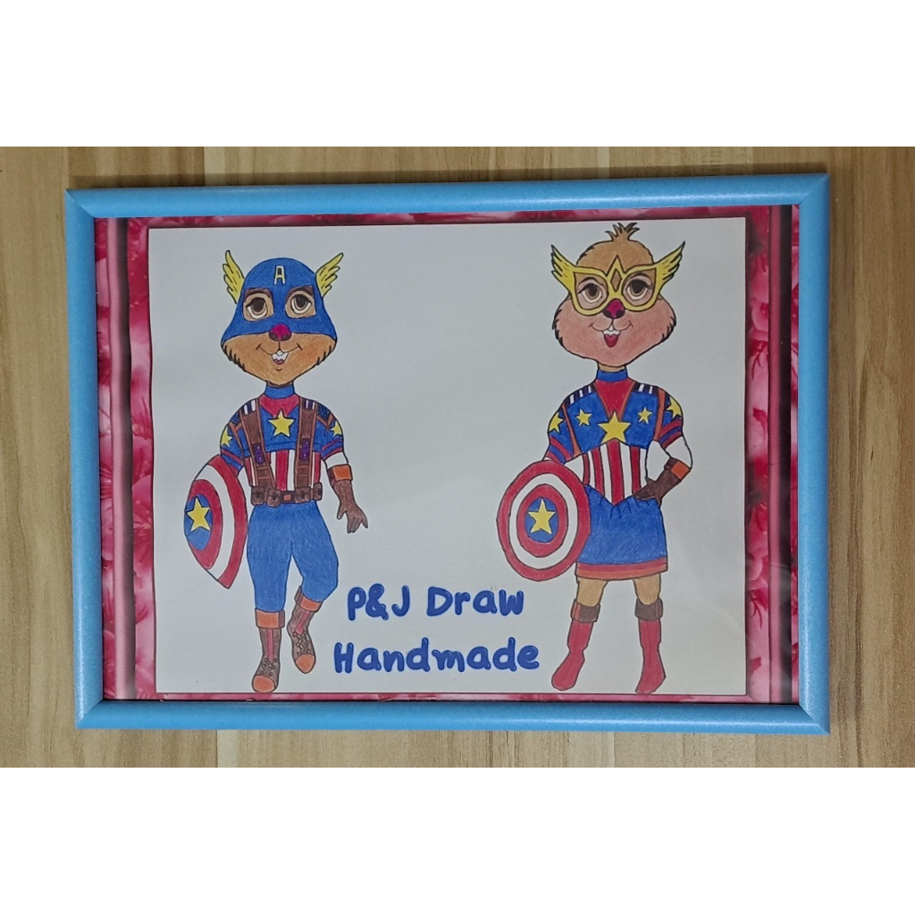 ภาพวาดการ์ตูนแฮนด์เมดแนวน่ารัก อเวนเจอร์กัปตันอเมริกา P&J - ( รหัสสินค้า PJ032) พร้อมกรอบรูปจิ๊กซอว์