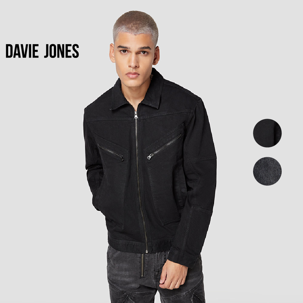 DAVIE JONES เสื้อแจ็คเก็ตยีนส์ ทรงทรัคเกอร์ Denim Trucker Jacket JK0024 สีดำ กรม