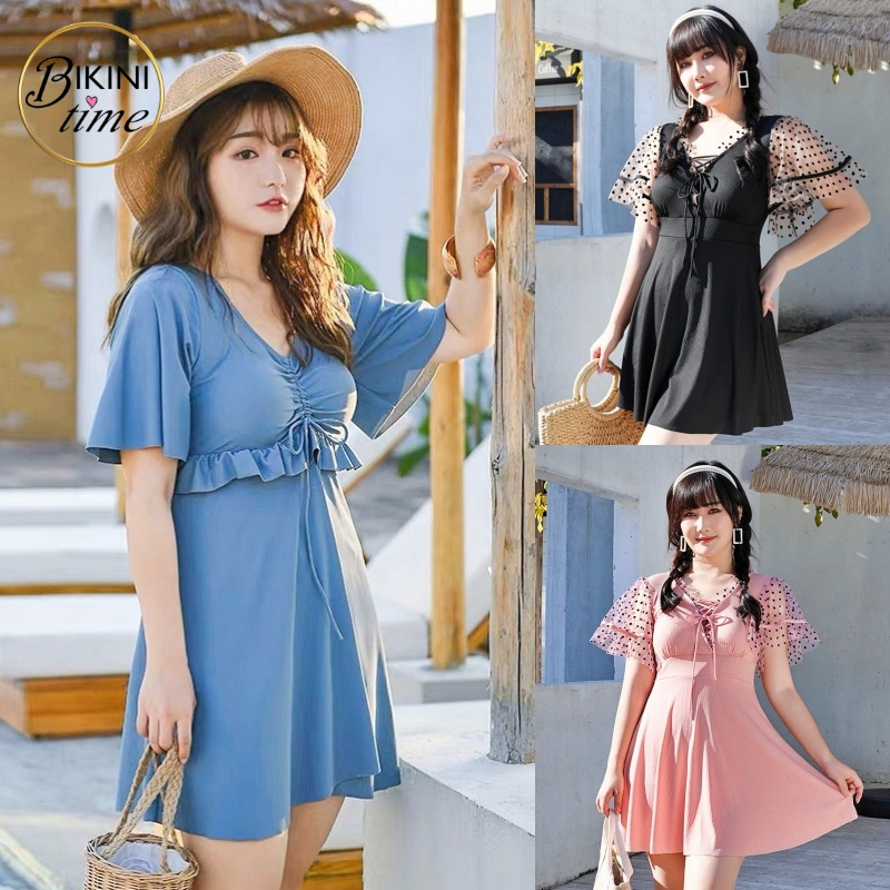 BikiniTime (XL-3XL) มาใหม่ SB218 ไซส์ใหญ่ใส่ได้ถึง 100 KG ชุดว่ายน้ำแฟชั่นสาวอวบ เดรสวันพีซ ด้านในมีกางเกง สาวอ้วน