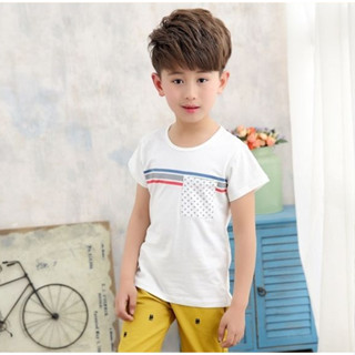 เสื้อยืดแฟชั่นแต่งแถบคาด หนูน้อยแทกุก สีขาว