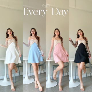 เดรสทูโทนแขนตาข่าย แต่งช่วงอกเป็นทูโทนกับตัวเดรส ด้านหลังสมอค ลุคเกาหลีสุดๆ #EVD26
