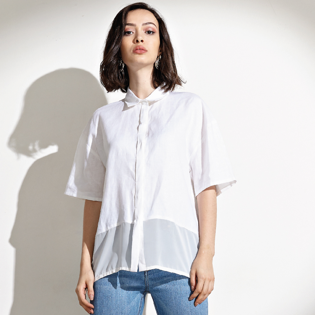 Guy Laroche เสื้อผู้หญิง เสื้อเชิ้ตผู้﻿หญิง Light Linen Shirt เสื้อเชิ้ตแขนสั้น GT6EWH