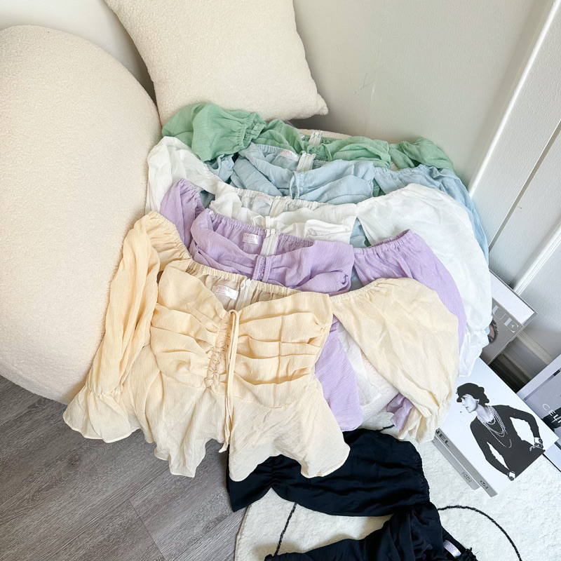 MACARON TOP เสื้อปาดไหล่ จับจีบรูดอก พร้อมส่ง