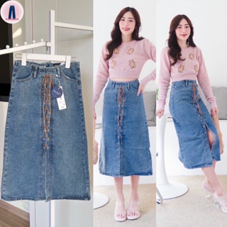 Nina jeans (S-2XL) กระโปรงยีนส์เอวสูงเจาะตาไก่ร้อยเชือกด้านหน้ามีซิปหลังสไตล์เกาหลี y2k #6592