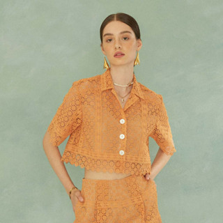 NEW !! Perana เสื้อลูกไม้คอปกฮาวาย NINA HAWAI SHIRT ( สีส้ม Orange )