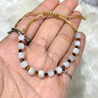 กำไลข้อมือ เชือกถัก มูนสโตน Moonstone + ตาเสือเหลือง Yellow Tigers eye หินแท้100% *ฟรีไซต์* (ราคาต่อเส้น)