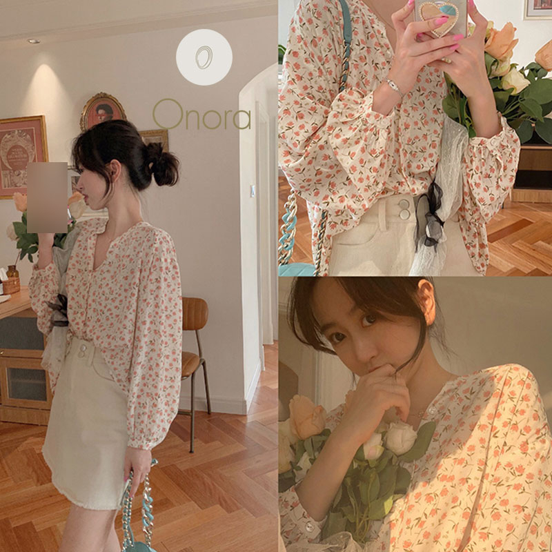 พร้อมส่ง เสื้อชีฟองแขนยาว เสื้อชีฟองลายดอกไม้ เสื้อคอวี ดีไซน์เก๋ๆ มีหลายสีให้เลือก