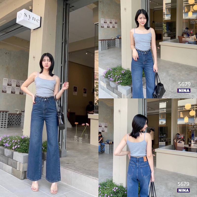 STF_SHOP 5679 กางเกงยีนส์ เอวสูงแต่งขอบรุ่ย งานฟอกสนิมสวยๆ ทรงกระบอกใหญ่ ปลายขาเย็บเก็บ งานแพทเทิ้ลสวยพรางหุ่น