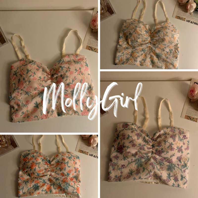 mollygirl เทศกาลสาดน้ำ ข้อเสนอพิเศษ เสื้อสายเดี่ยวลายดอกไม้เรียบหรู เสื้อครอป