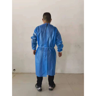 ISOLATION GOWN PP+PE เสื้อกาวน์กันน้ำ แขนจั๊มพ์ยางยืด ป้องกันสารคัดหลั่ง สีน้ำเงิน 50แกรม เคลือบกันน้ำ แพค1ต่อ1