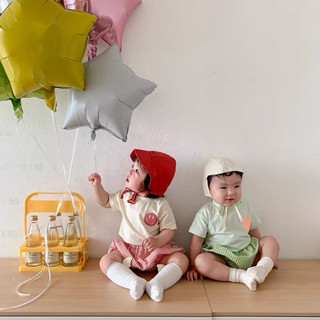 babytk ✨พร้อมส่ง✨ เสื้อยืดแขนสั้นสกรีนยิ้ม + กางเกงขาจั้มลายสก็อต