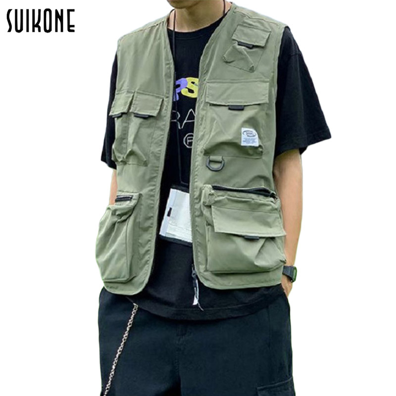 Suikone เสื้อกั๊กผู้ชายแฟชั่นสไตล์เกาหลีสไตล์คู่รักหลายกระเป๋าชุดทำงานด้านบนแขนกุดลำลองหลวมน้ำแบรนด์โค้ท
