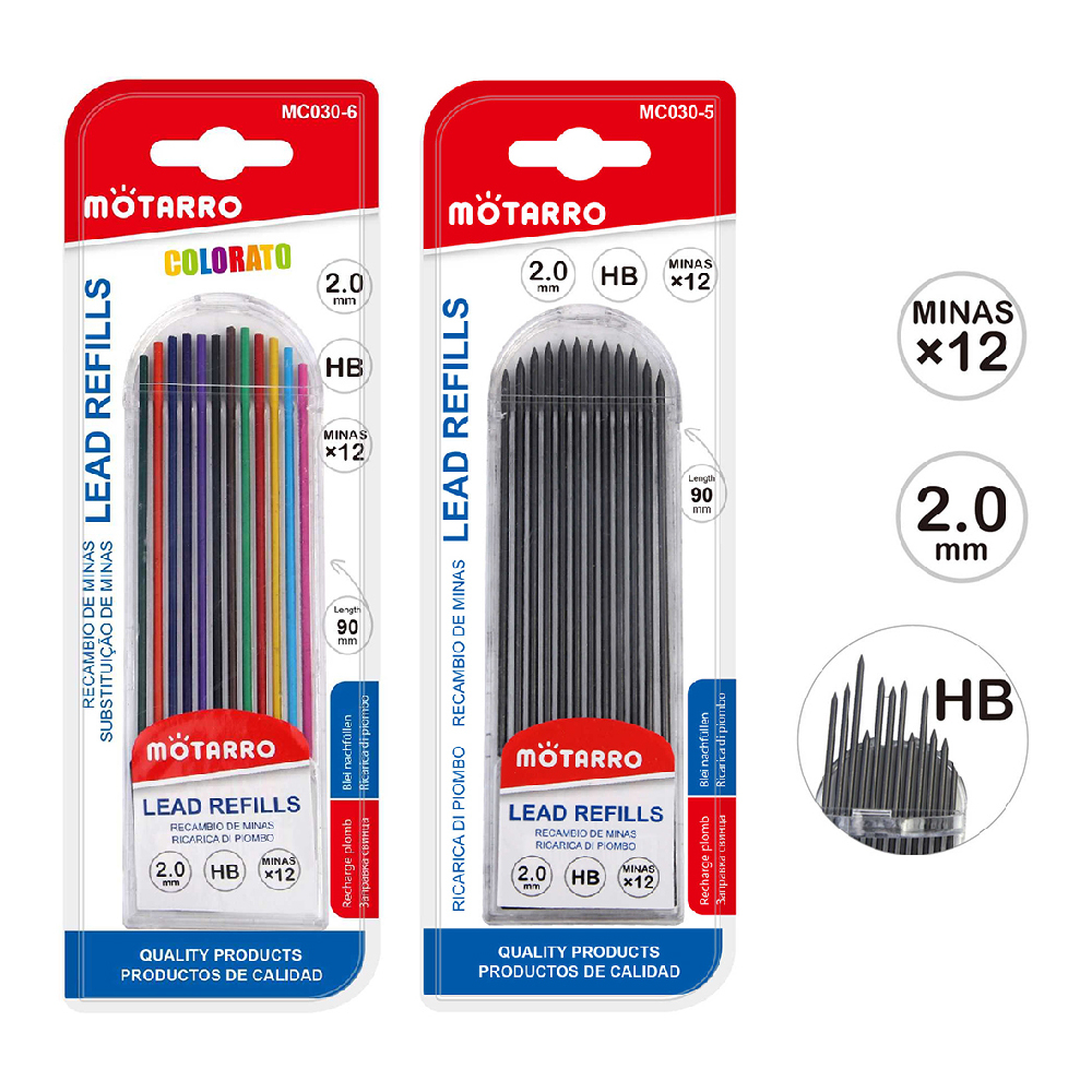 ไส้ดินสอกดไส้ใหญ่ ไส้ดินสอ เขียนแบบ 2.0mm. HB MOTARRO ดำ MC030-5 , คละสี MC030-6 (แพ็ค 12 ไส้)