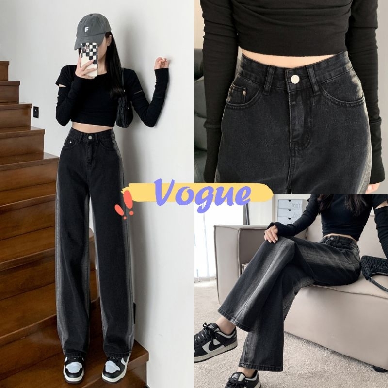 Vogue พร้อมส่ง กางเกงยีนส์ ขายาว เอวสูง ดีเทลสีเฟดข้างๆ ทรงกระบอก (1001) -NZ