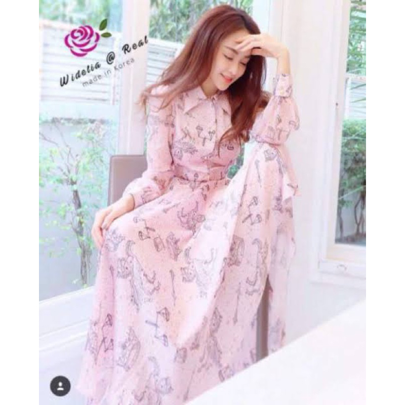 เดรสยาวสีชมพูมุก เดรสสีชมพูงานป้ายwidelia@real  maxi dress🔺used-m🔺