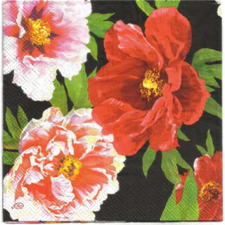 Pladao Napkin ภาพดอกไม้ ดอกโบตั๋น Peony ชมพู แดง พื้นดำ กระดาษ แนพกิ้น สำหรับงานศิลปะ เดคูพาจ decoupage ขนาด L 33x33