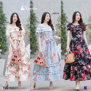 16821 MaxiDress เดรสยาว ลายดอก เปิดไหล่ Long floral dress with open shoulders