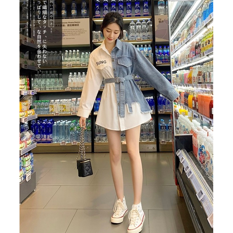 เสื้อเชิ้ตยีนส์ แขนยาว แต่งผ้ายีนส์ มาพร้อมเข็มขัด สไตล์เกาหลี
