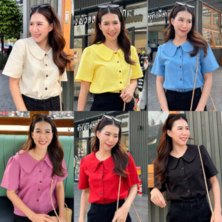 🧶ลักษณ์🛒เสื้อแขนสั้น ผ้าฝ้าย คอบัวไหล่จีบ สีพื้น 🛍️🛎️