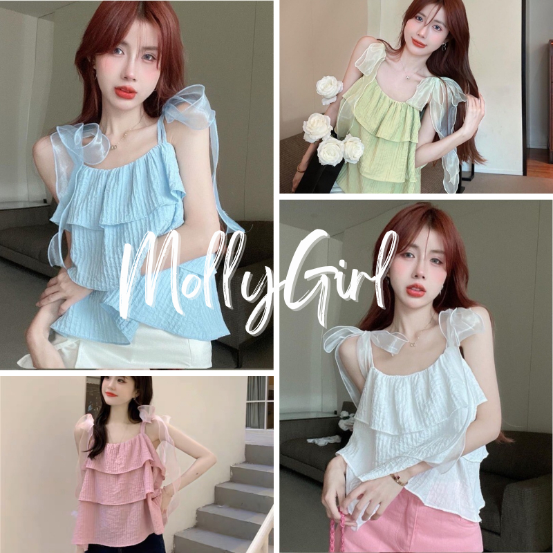 mollygirl เสื้อสายเดี่ยวเป็นชั้นๆ น่ารัก เกาหลี เสื้อแฟชั่นผญ