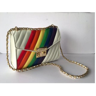 กระเป๋าหนังแบรนด์แท้ Michael Kors Rose 35T0Gx0L6I Medium Vegan Faux Leather Flap Shoulder Bag In Rainbow