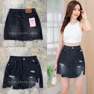 5661-1 G.D Jeans กระโปรงยีนส์สั้นทรงเอ(สีดำฟอก) สะกิดขาดเซอร์ๆ