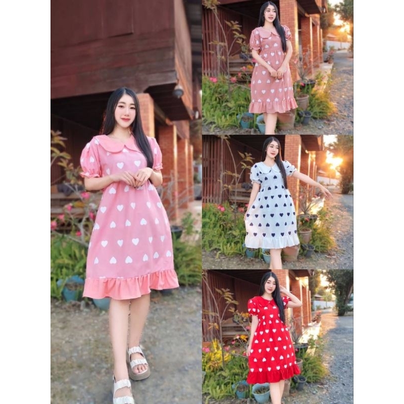 ♥พร้อมส่งจ้า♥ ชุดเดรสแขนตุ๊กตา คอบัวลายหัวใจ ผ้าฝ้าย ใส่เที่ยว ใส่คลุมท้องได้