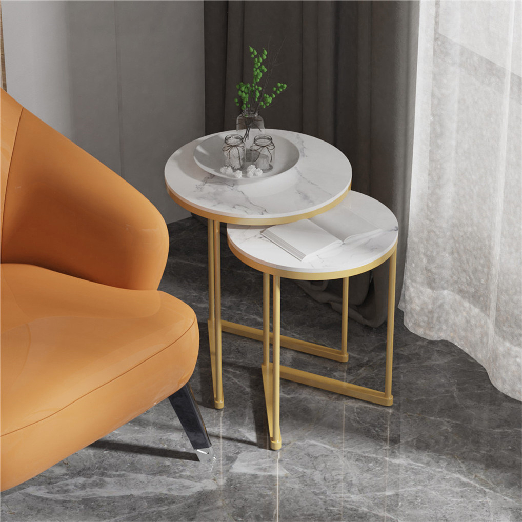WISFOR 2x โต๊ะข้างโซฟา โครงโลหะสีทอง ท็อปหินอ่อนสีขาว Marble Coffee End Side Table