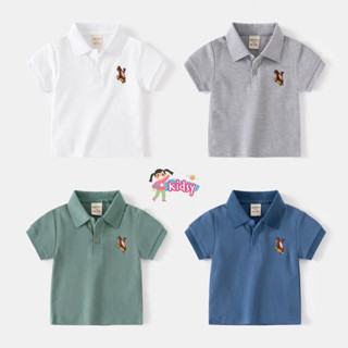 AB034 เสื้อโปโลเด็ก เสื้อผ้าเด็ก สีพื้นแต่งปักหมี พร้อมส่งในไทย