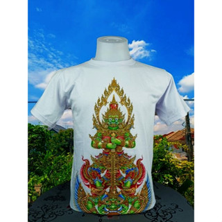 เสื้อยืด ลายไทย คอกลม สีขาว ลายท้าวเวสสุวรรณ ผ้าcotton100%