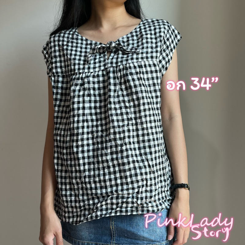 PL07 2ndhand เสื้อผ้าฝ้ายญี่ปุ่นลายตารางขาวดำตกแต่งโบว์ตรงคอ.