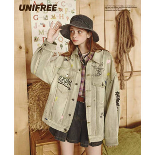 UNIFREE x Care Bears เสื้อแจ็คเก็ตยีนส์ แคร์แบร์ สีเขียวกากี ลิขสิทธิ์แท้