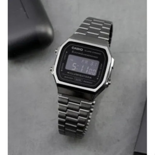 นาฬิกา Casio รุ่น A168WGG-1B นาฬิกาสไตล์วินเทจ สายแสตนเลสสีรมดำ หน้าปัดดำ -ของแท้100% รับประกันศูนย์ CMG