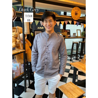 เสื้อเชิ้ตผู้ชายสีเทา ผ้าOxford คอจีน แขนยาว ใส่สบายระบายความร้อนได้ดี