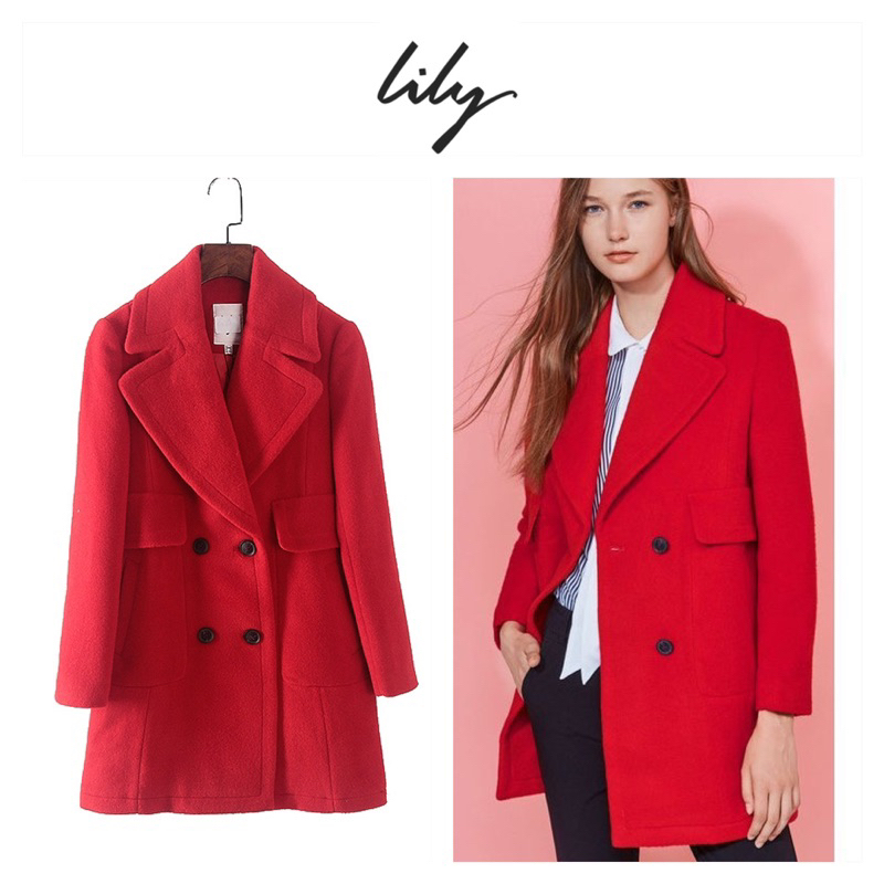 โค้ทวูล โค้ทแดง เสื้อโค้ท OVERCOAT โค้ทวูลกันหนาว โค้ทยาว แบรนด์ LILY แท้ % (WY1014)