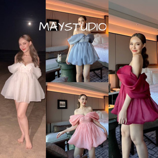 MAYSTUDIO เดรสสั้นกระโปรงบอลลูนฟูสุดๆเปิดไหล่เกาะอก ด้านหลังยางยืด มีดีเทลร้อยเชือกด้านหลัง