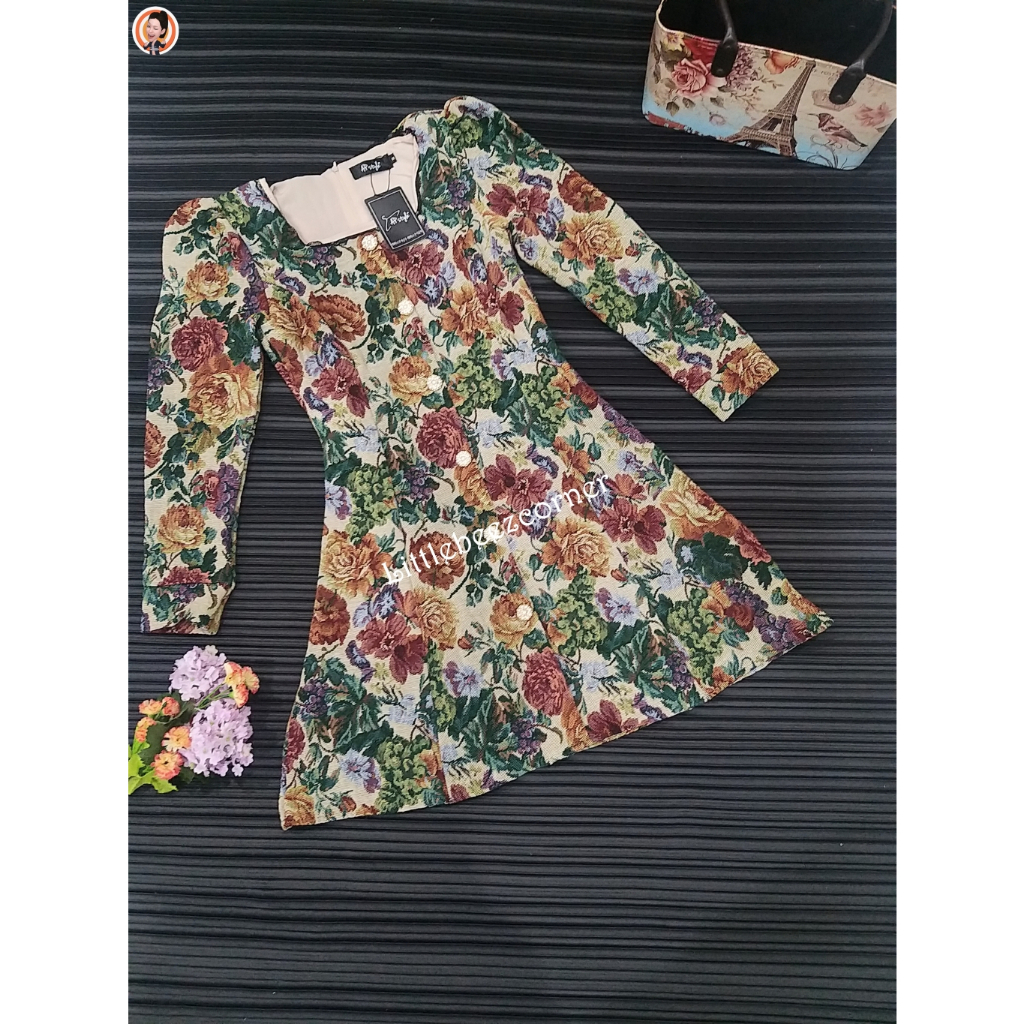 AP style: size S เดรสสั้นผ้าทอทรงเจ้าหญิงแขนยาว ผ้าทอลายดอก น้ำตาลครีม #S241_2