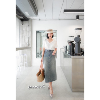 Password กระโปรงยีนส์ผ้านุ่ม อวสูงทรงตรง ผ่าด้านหลัง สีฟอกสวย6737 CARDIGAN_NISTA