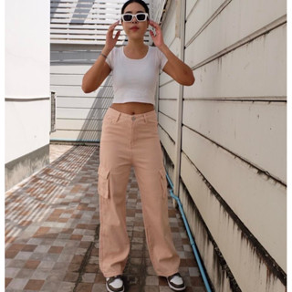 Cargo Pants กางเกงยีนส์ขากระบอก คาร์โก้ สีพิ้งค์พีช