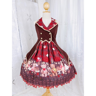 🌸🌸 To Alice S848 ʕ•ᴥ•ʔ Bear Lover Lolita Dress 『JSK』♥ Color : Maroon🌸🌸 เดรสโลลิต้า🌸🌸