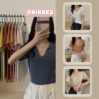 ONINAKA เสื้อไหมพรมแขนสั้นคอปกสีลูกกวาด เสื้อแฟชั่นผญ 335#