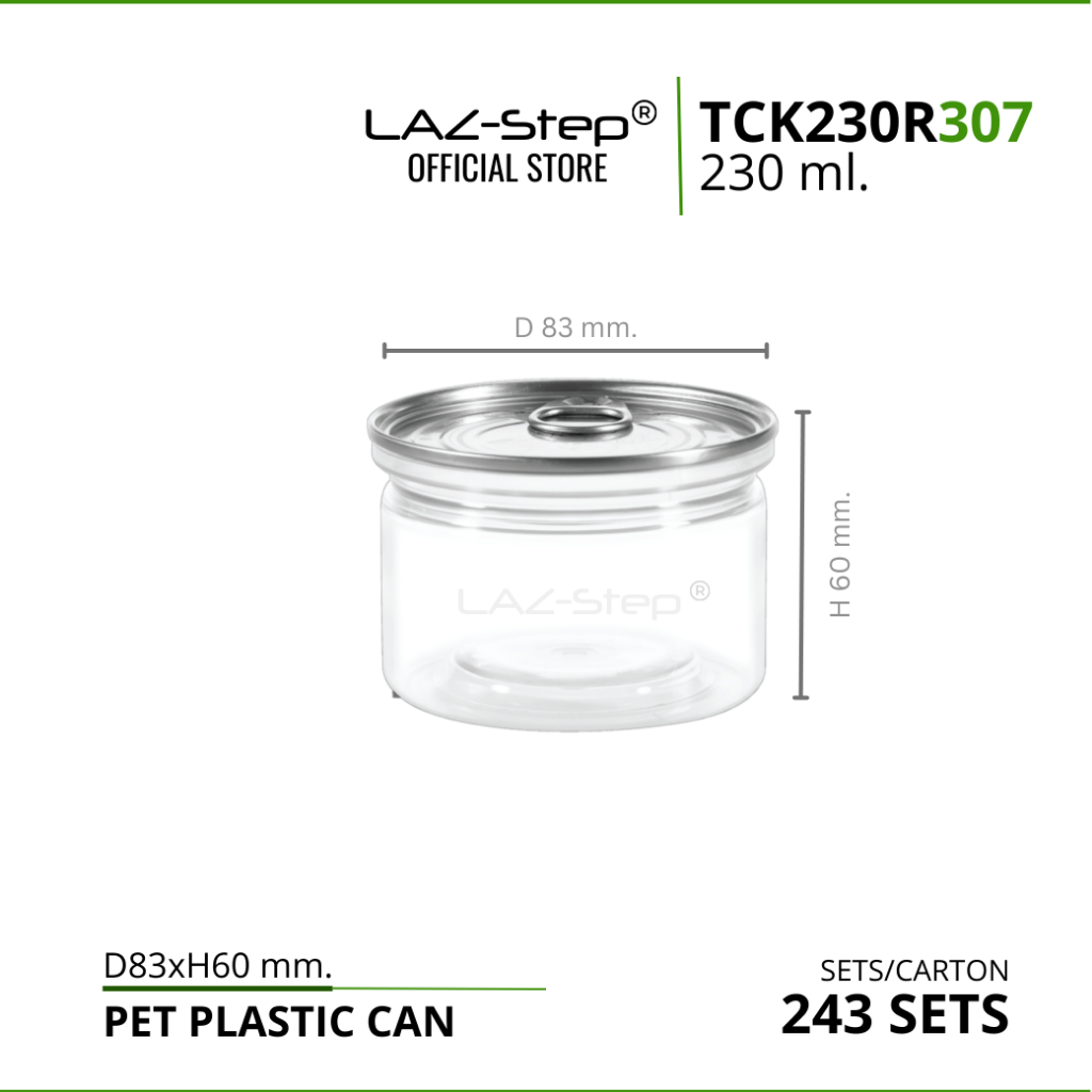 LAZ-Step กระป๋องพลาสติก PET กระป๋องฝาดึง ขนาด 230 ml. TCK230R307 บรรจุลังละ 243 ชุด ต้องปิดด้วยเครื่องปิดฝากระป๋อง